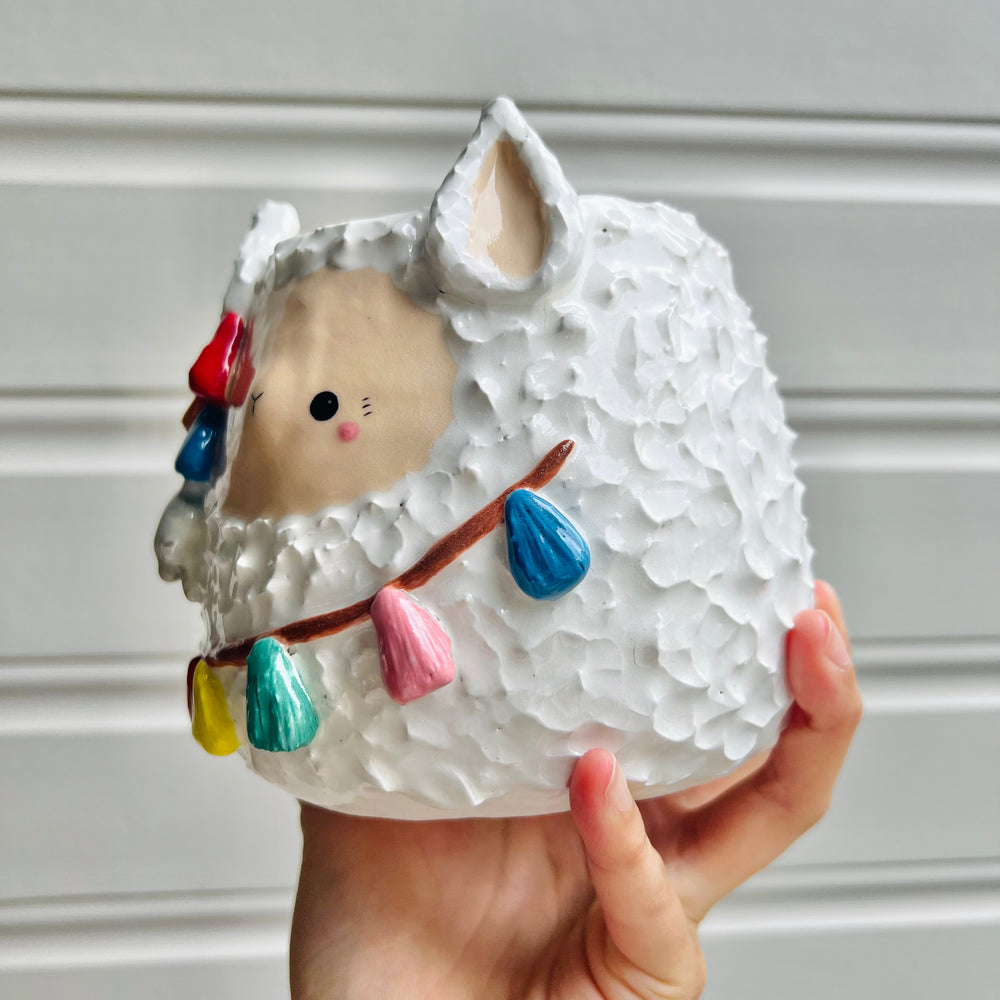 LARGE tassel llama pot with hanging cat friend, photo 3 of 8
