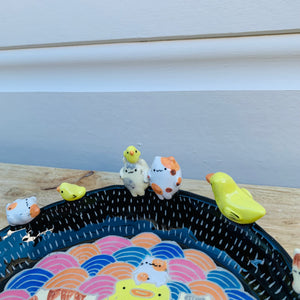 Sgraffito cat and ducky friends plate