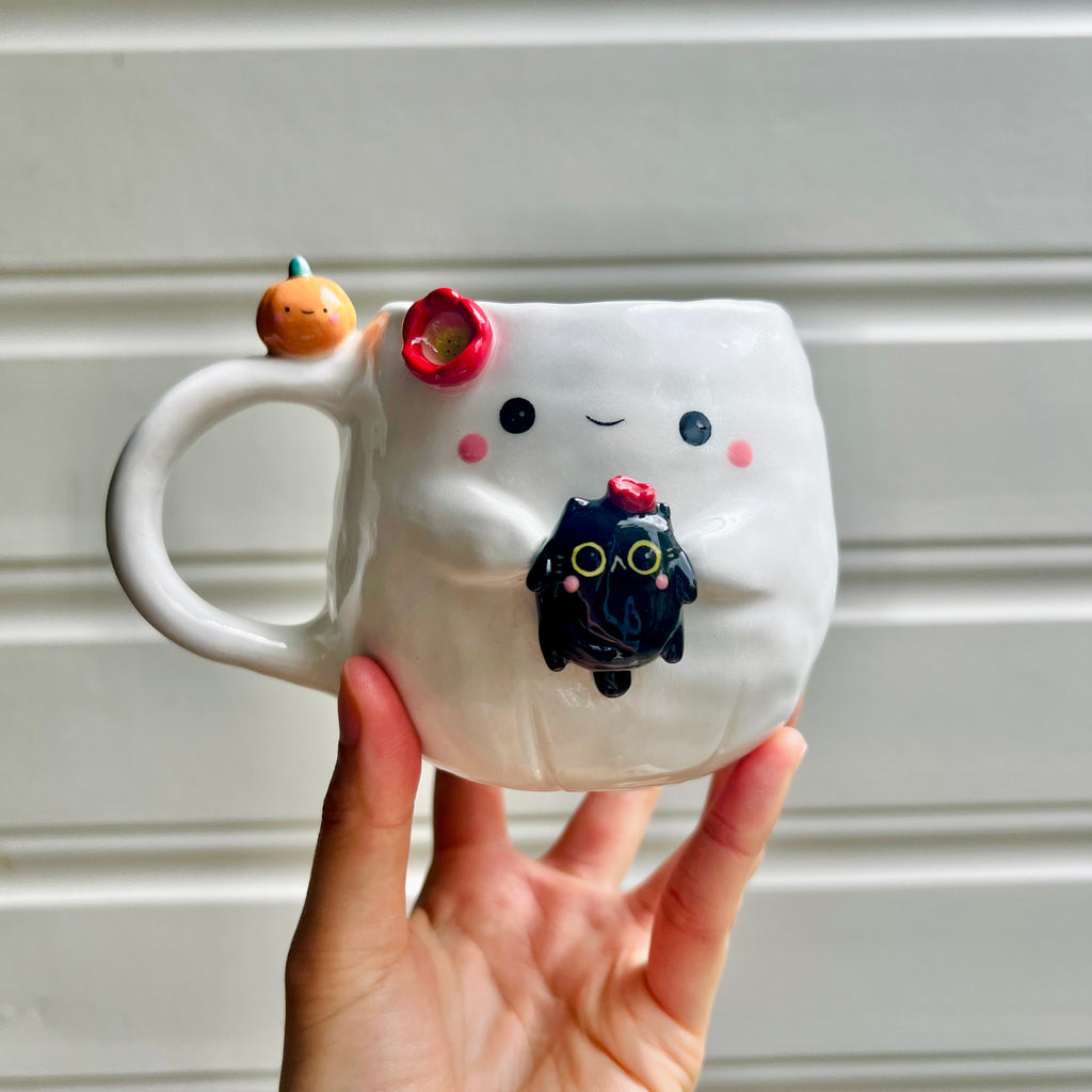 Halloween ghost mug with black cat friend