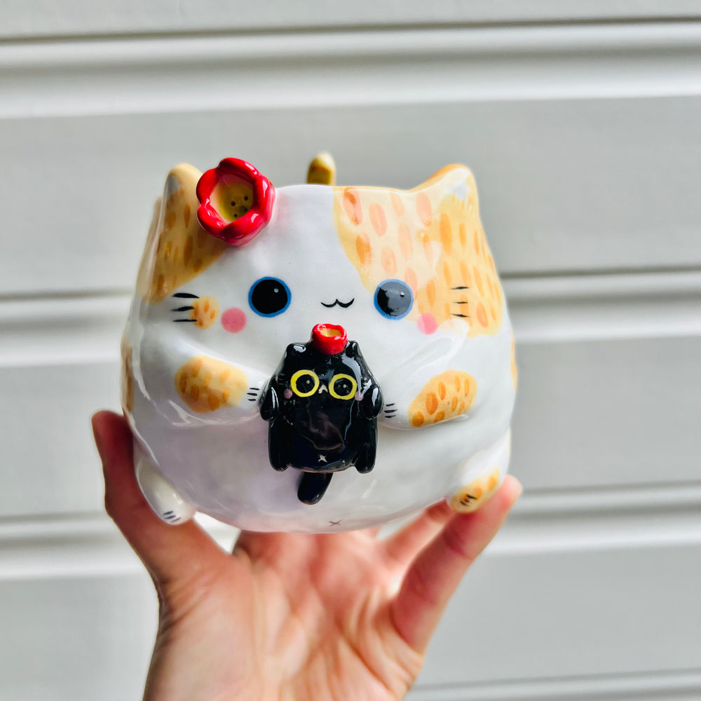 Ginger cat pot with black cat friend, photo 1 of 5