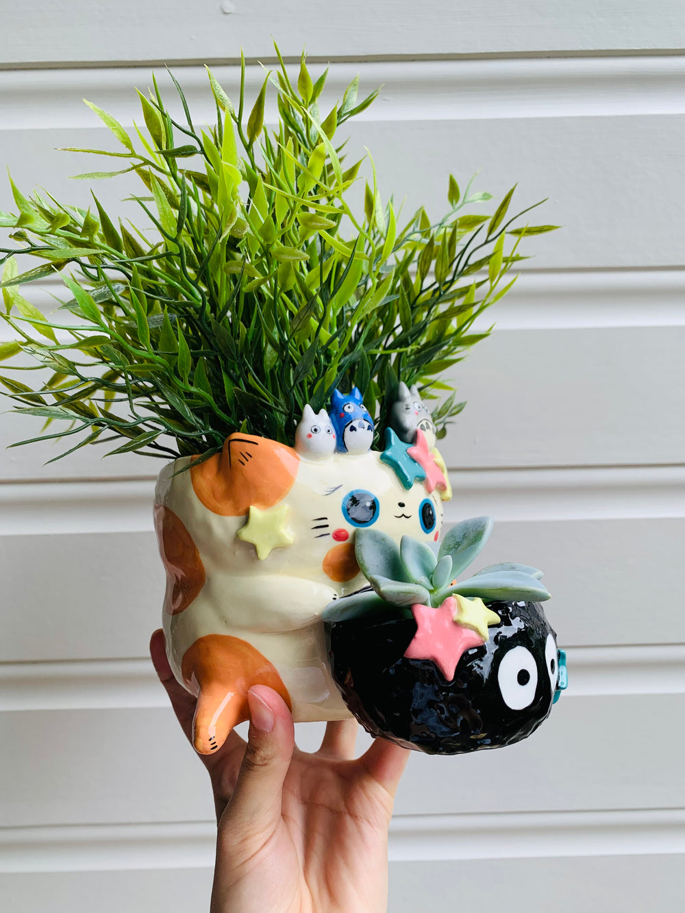 2 in 1 Spotty ginger cat and soot sprite pot with Totoro friends, photo 14 of 16
