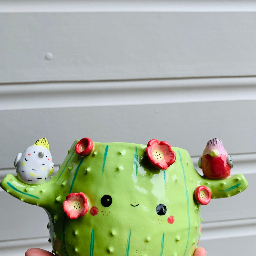 Flowery cactus pot with Aussie bird friends, photo 2 of 7