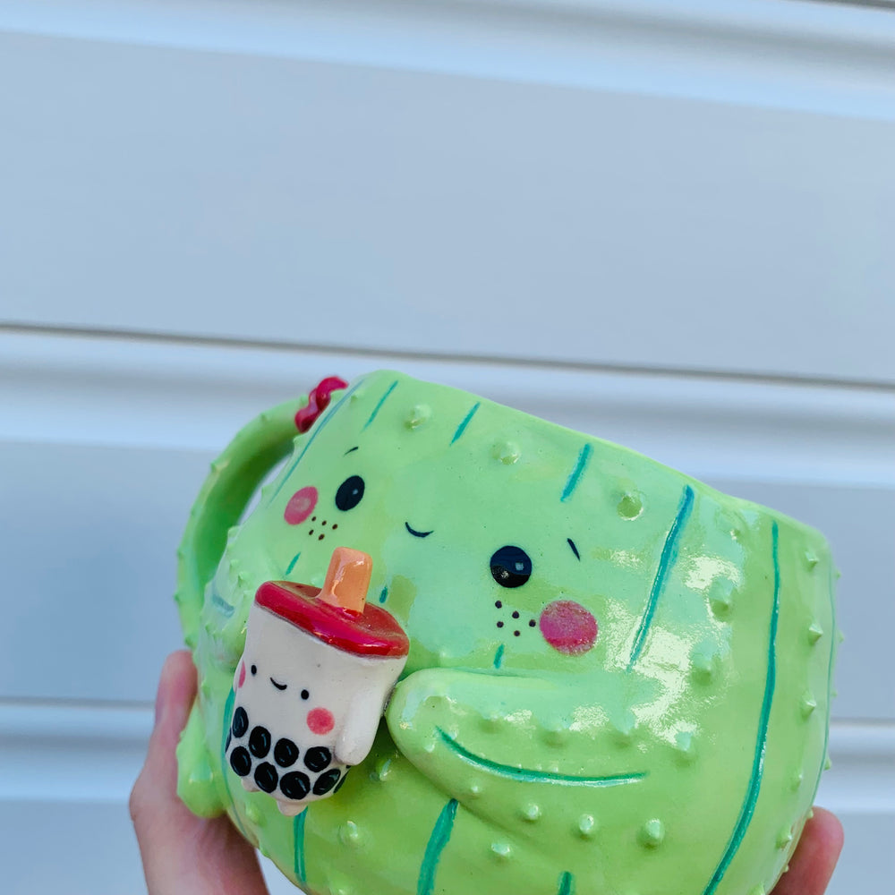 Light green flowery cactus mug with bubble tea friend, photo 6 of 8