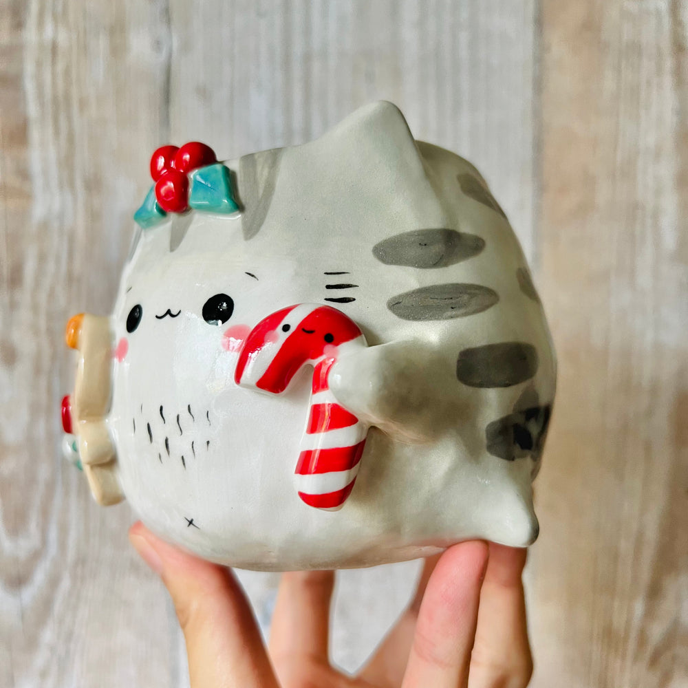 FESTIVE CAT POT with gingerbread man and candy cane friend, photo 3 of 6