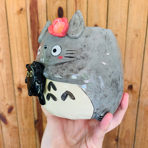 SET OF 2! Black cat pot with Totoro friend AND Totoro pot with black cat friend