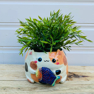 LARGE spotty cat with fish friend planter