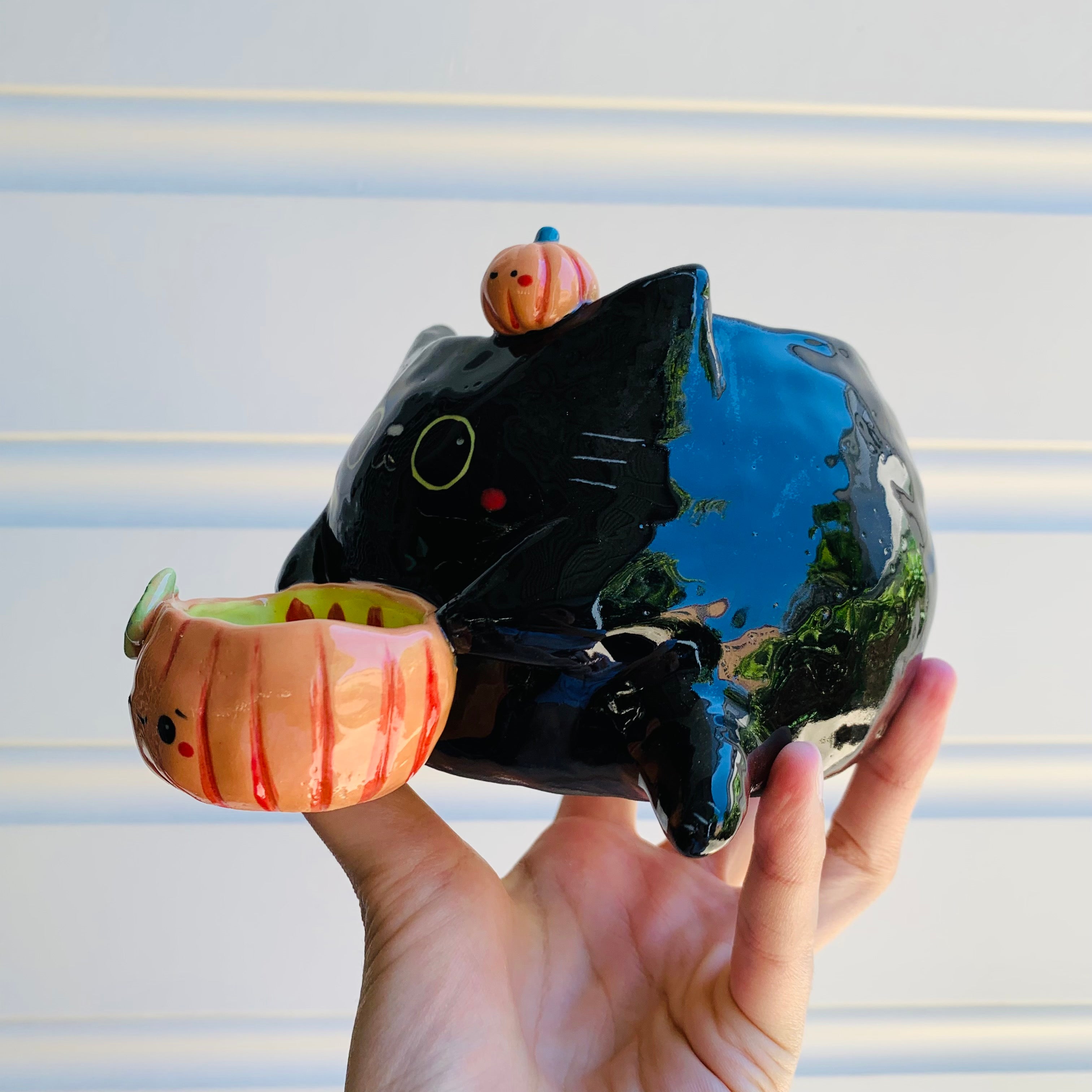 2 in 1 Halloween 2021 black cat with pumpkin friends planter