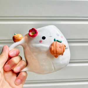 Halloween ghost mug with pumpkins friends