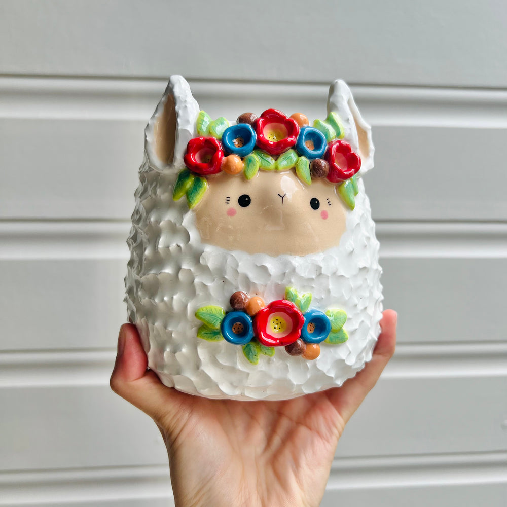 LARGE flowery llama pot, photo 1 of 7