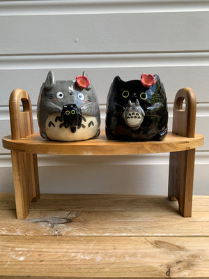 SET OF 2! Black cat pot with Totoro friend AND Totoro pot with black cat friend