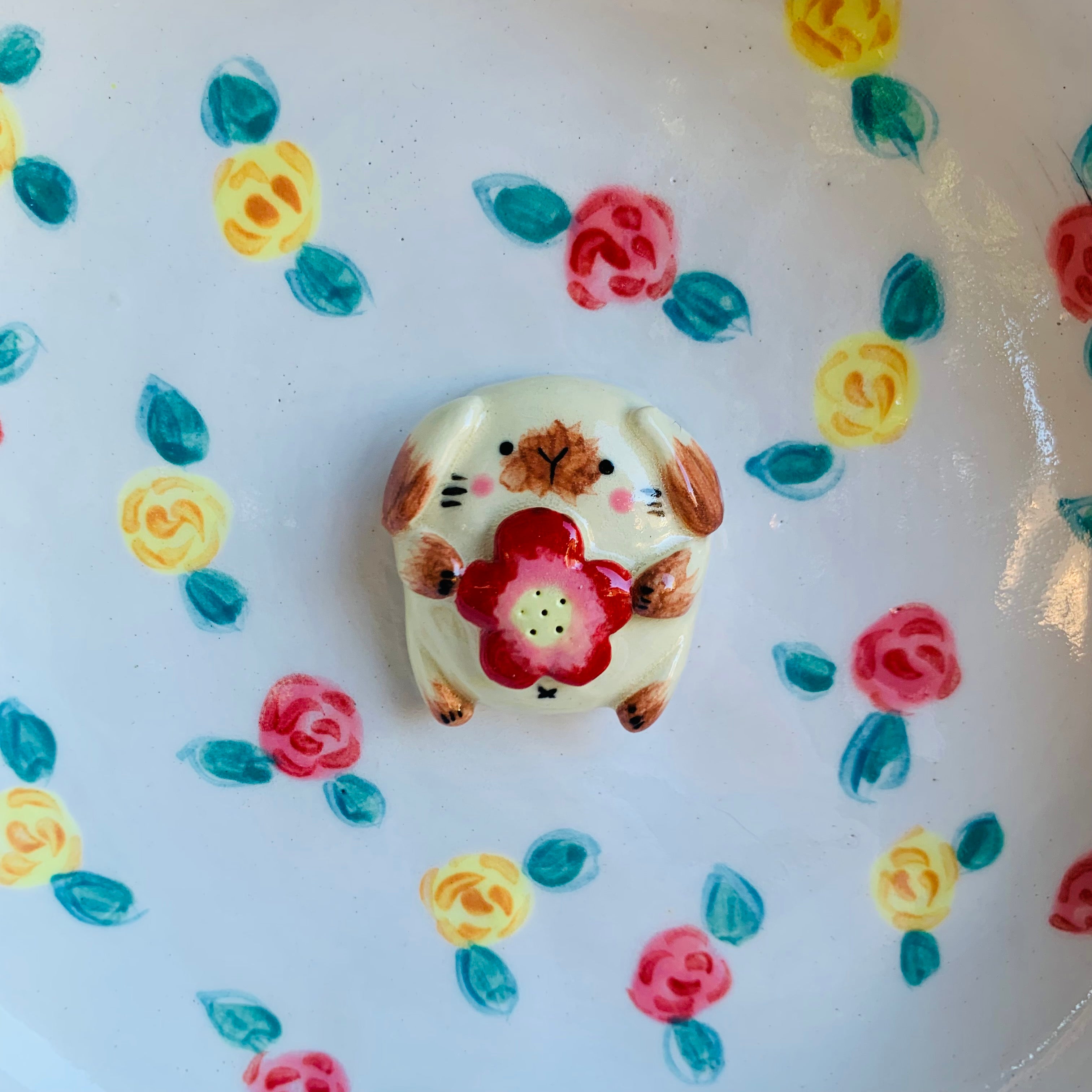 Flowery cactus bowl with bunny friends