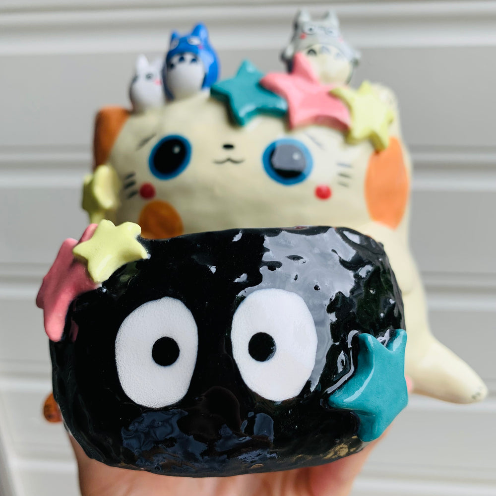 2 in 1 Spotty ginger cat and soot sprite pot with Totoro friends, photo 11 of 16
