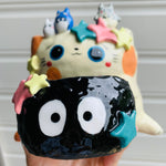 2 in 1 Spotty ginger cat and soot sprite pot with Totoro friends