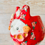 LNY RED flowery Daruma Bunny pot with bunny and mandarin friends