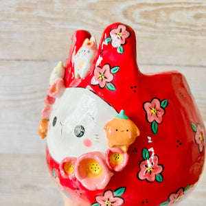 LNY RED flowery Daruma Bunny pot with bunny and mandarin friends