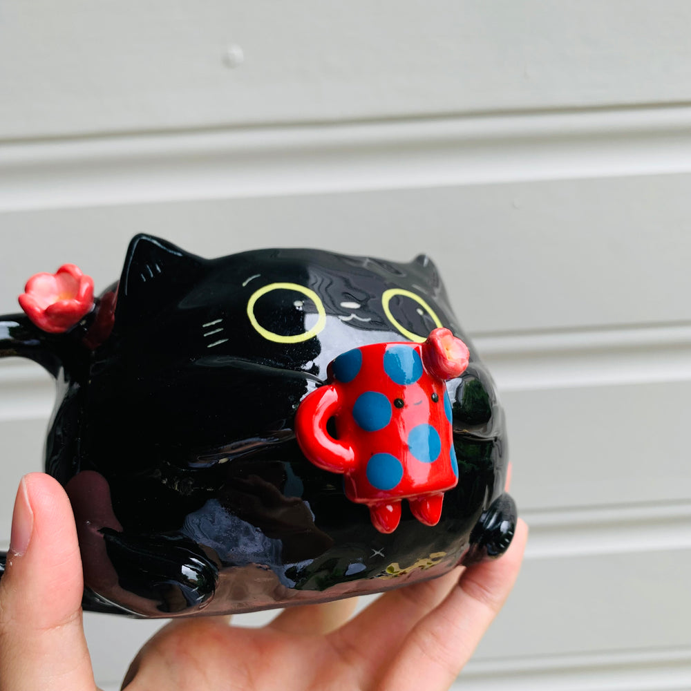 BLACK CAT coffee pun mug with mug friend, photo 8 of 10