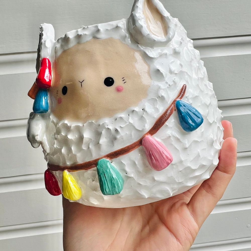 LARGE tassel llama pot with hanging cat friend, photo 6 of 8