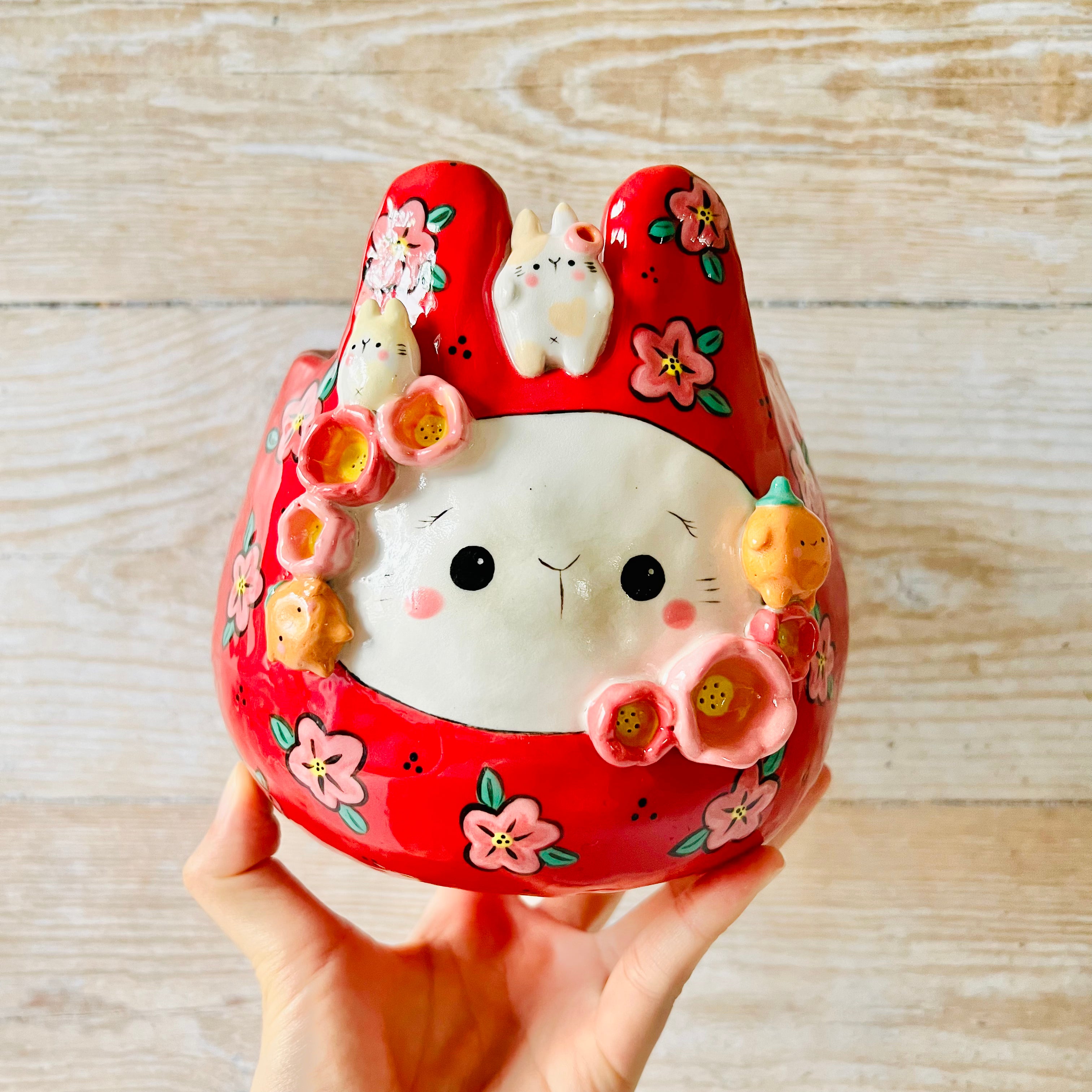 LNY RED flowery Daruma Bunny pot with bunny and mandarin friends