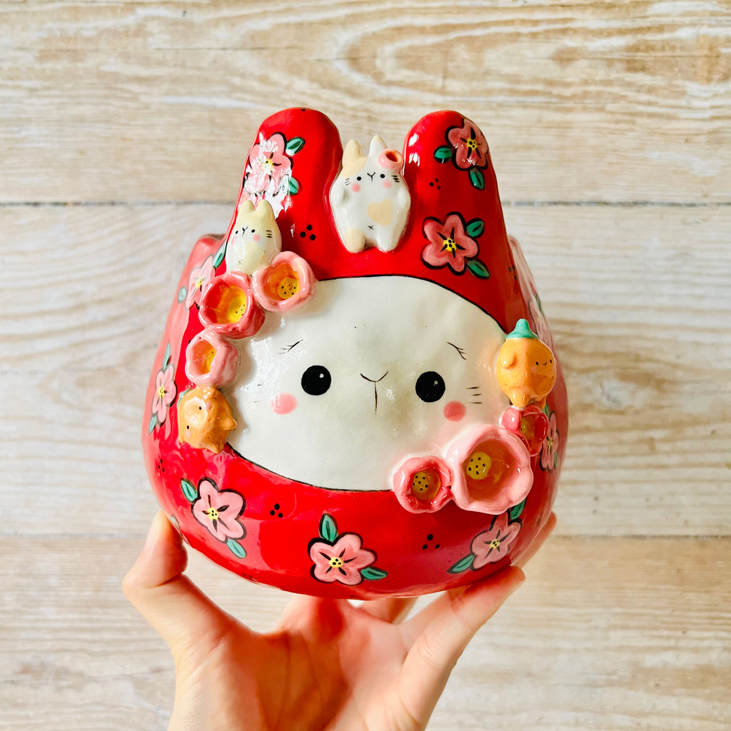 LNY RED flowery Daruma Bunny pot with bunny and mandarin friends