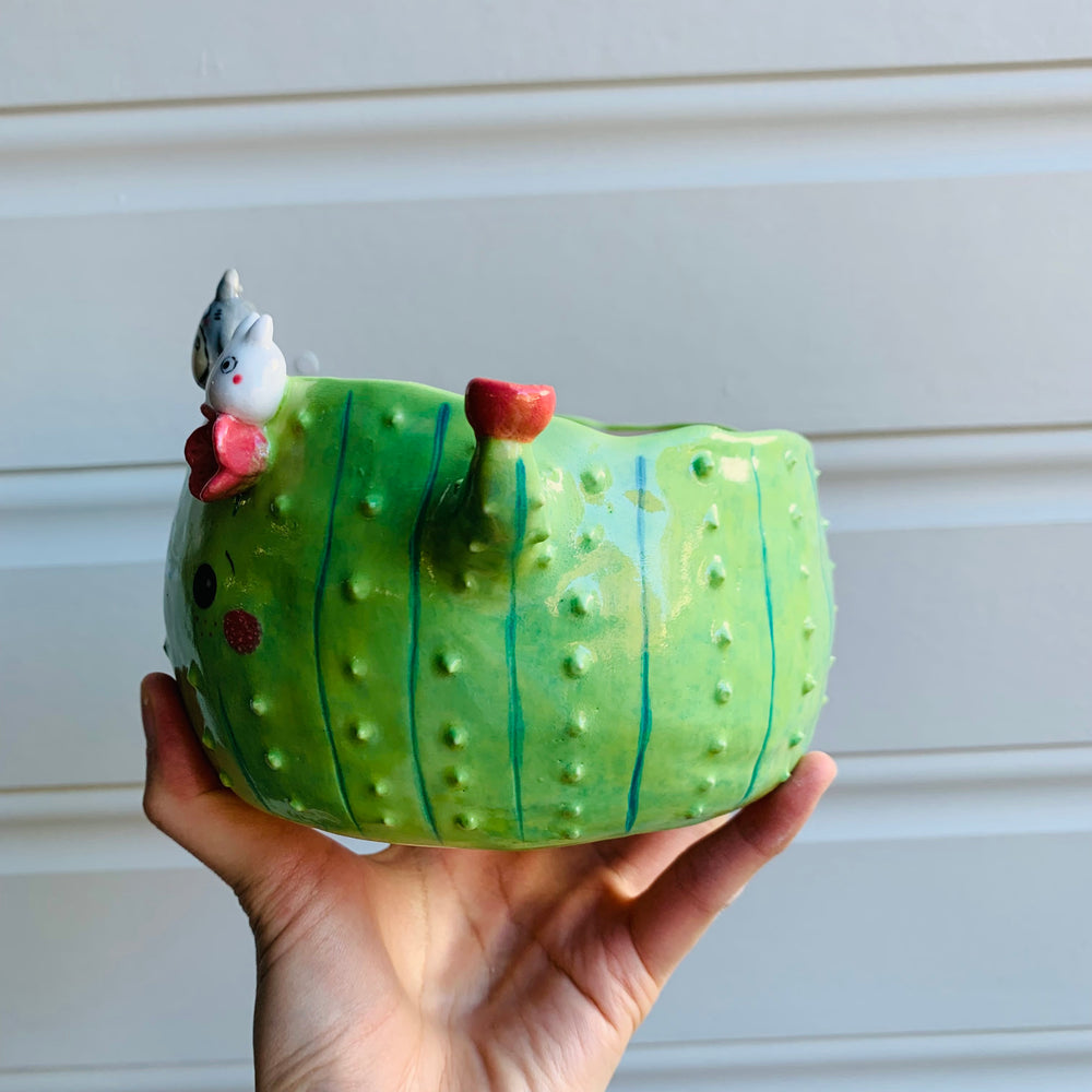 Dark green flowery cactus pot with Totoro friends, photo 6 of 9