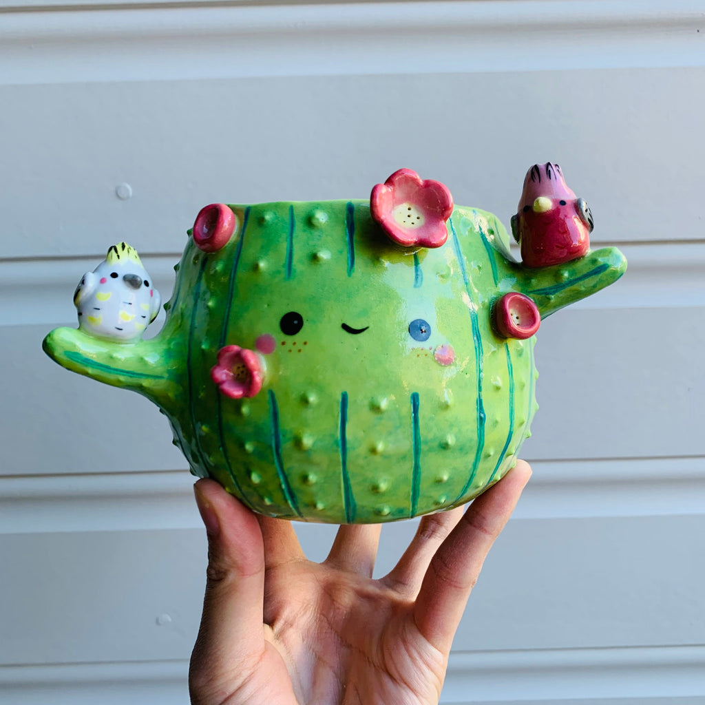 Dark green flowery cactus pot with Aussie bird friends