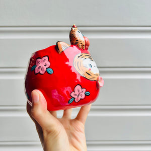 DARUMA red tiger pot with baby tiger and mandarin friend