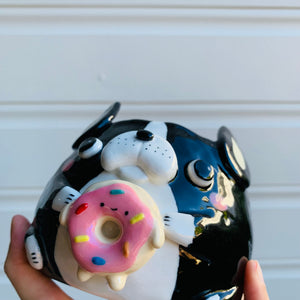 Boston terrier pot with donut friend