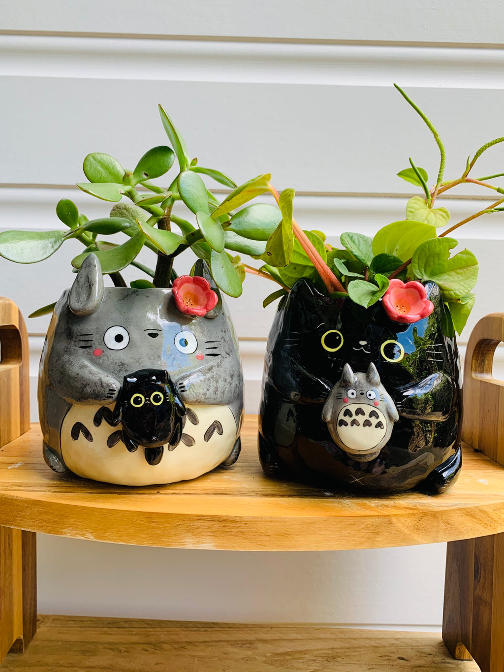 SET OF 2! Black cat pot with Totoro friend AND Totoro pot with black cat friend