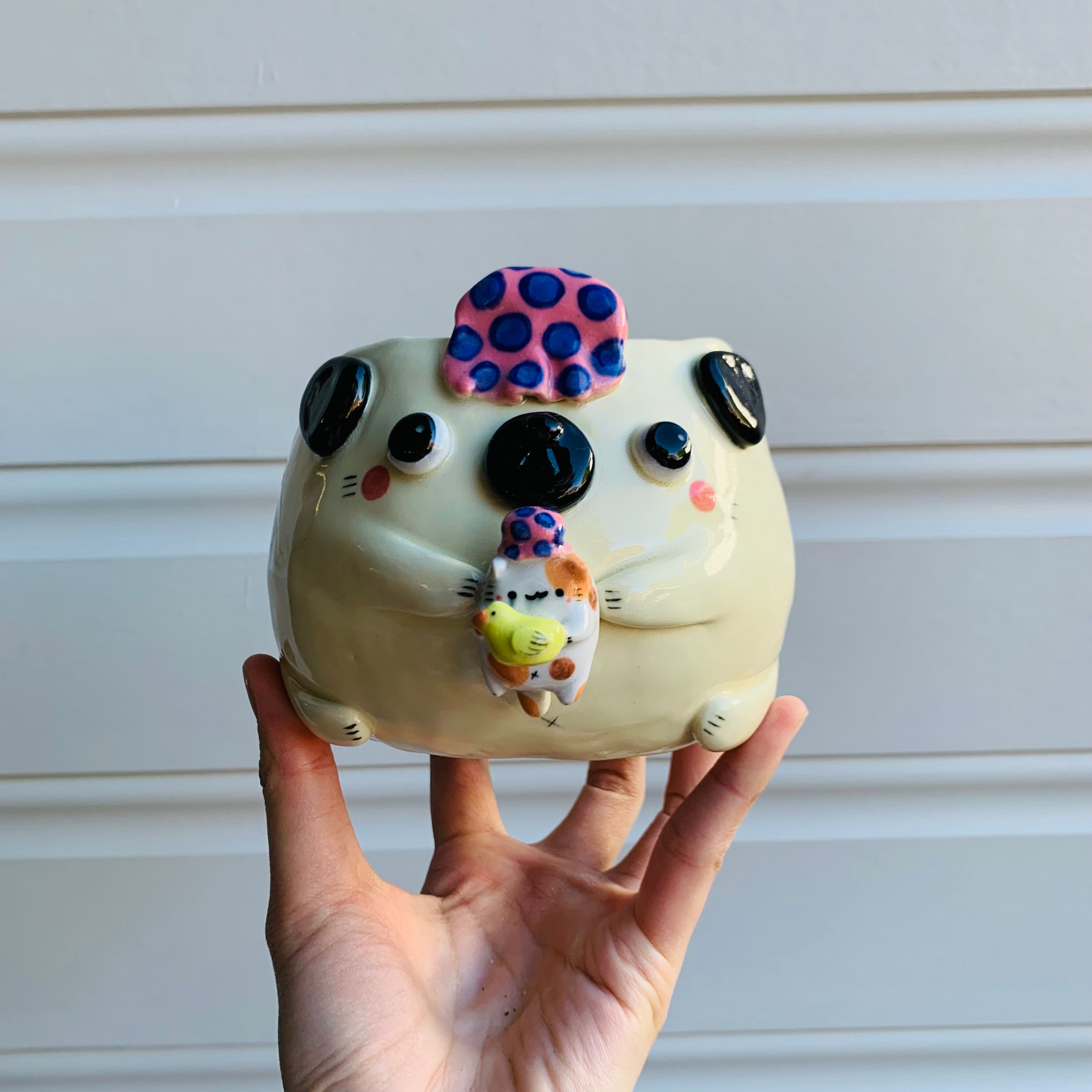 Bath time Puggo with Cat friend pot