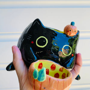 2 in 1 Halloween 2021 black cat with pumpkin friends planter