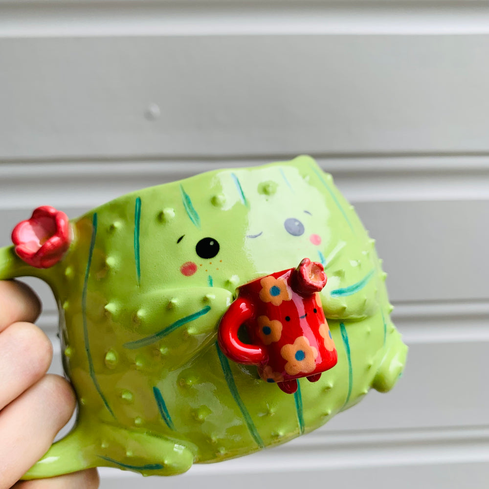 Light green CACTUS coffee pun mug with mug friend, photo 7 of 11