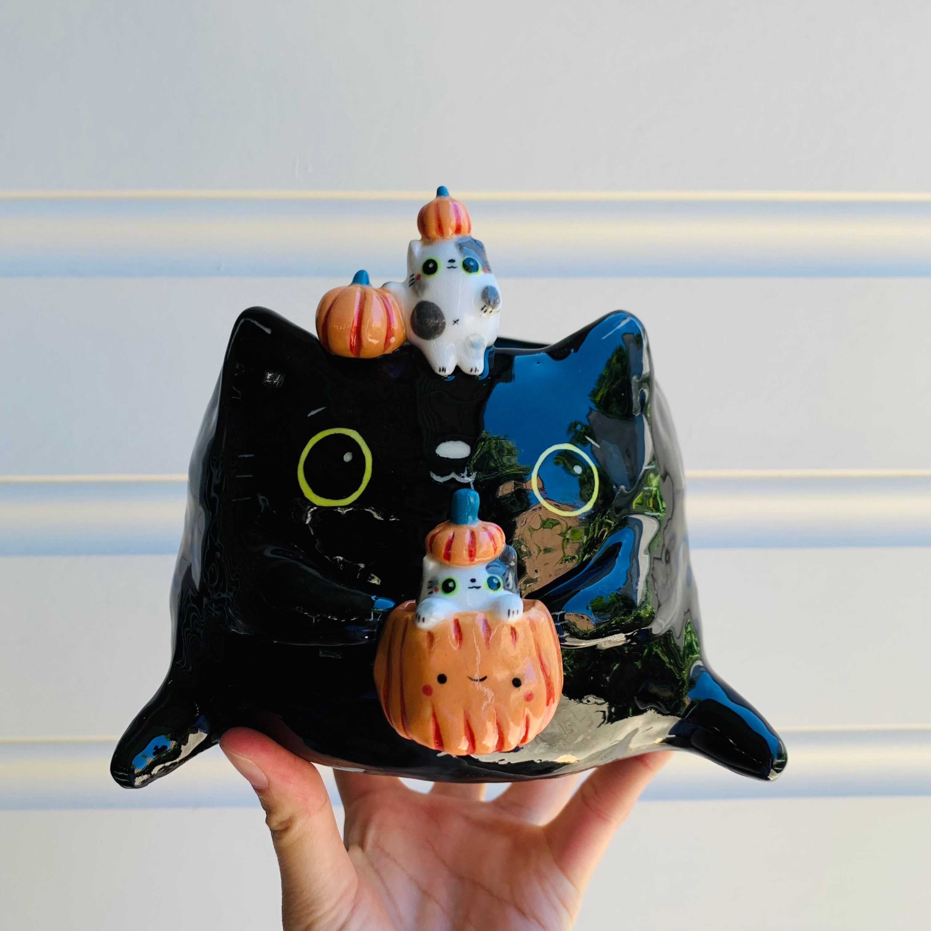 Big black cat with pumpkin and cat friends Halloween planter