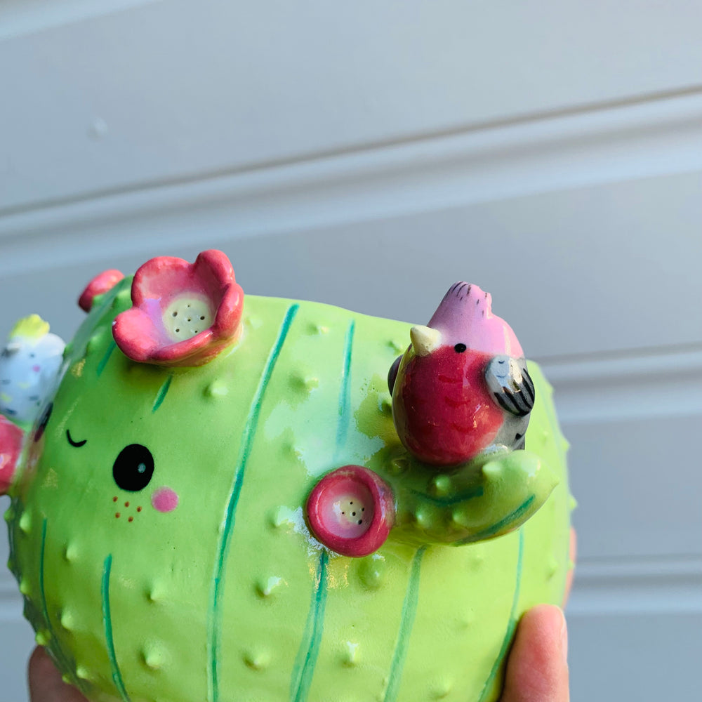 Light green flowery cactus pot with Aussie bird friends, photo 2 of 8