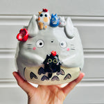 LARGE Totoro pot with black cat and Chibi Totoro friends