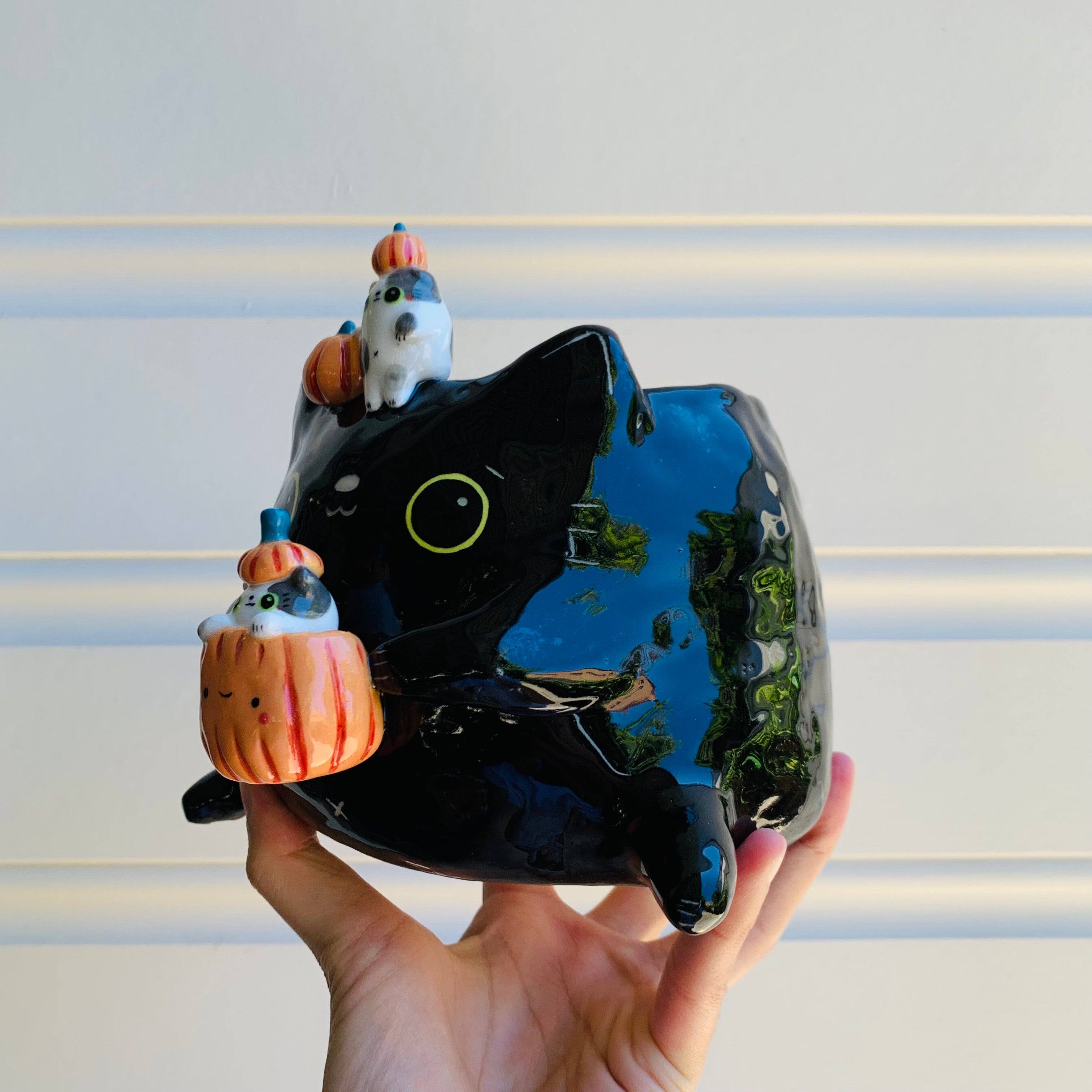 Big black cat with pumpkin and cat friends Halloween planter