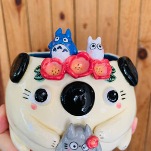 Flower crown puggo pot with Totoro friends