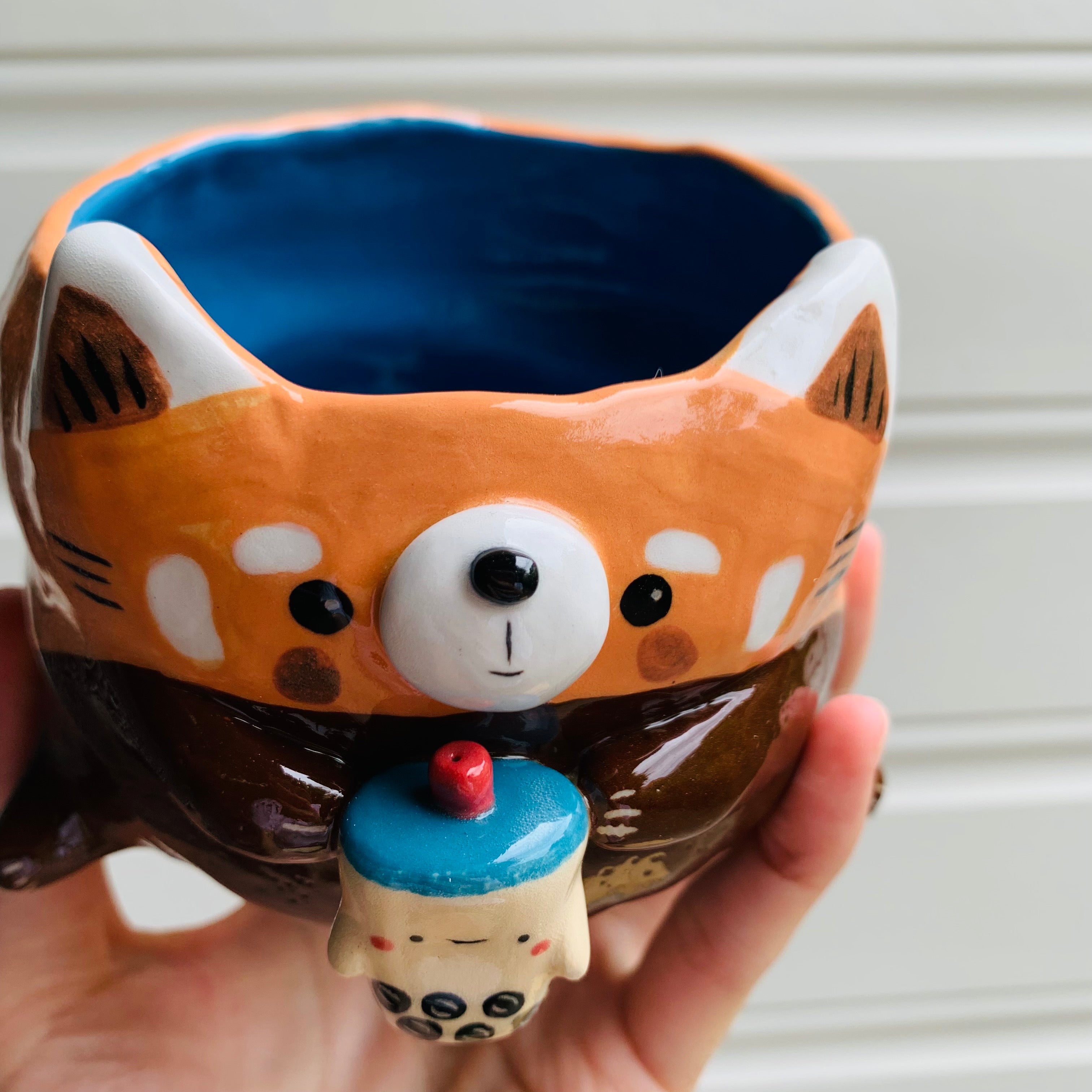 Red panda pot with bubble tea friend