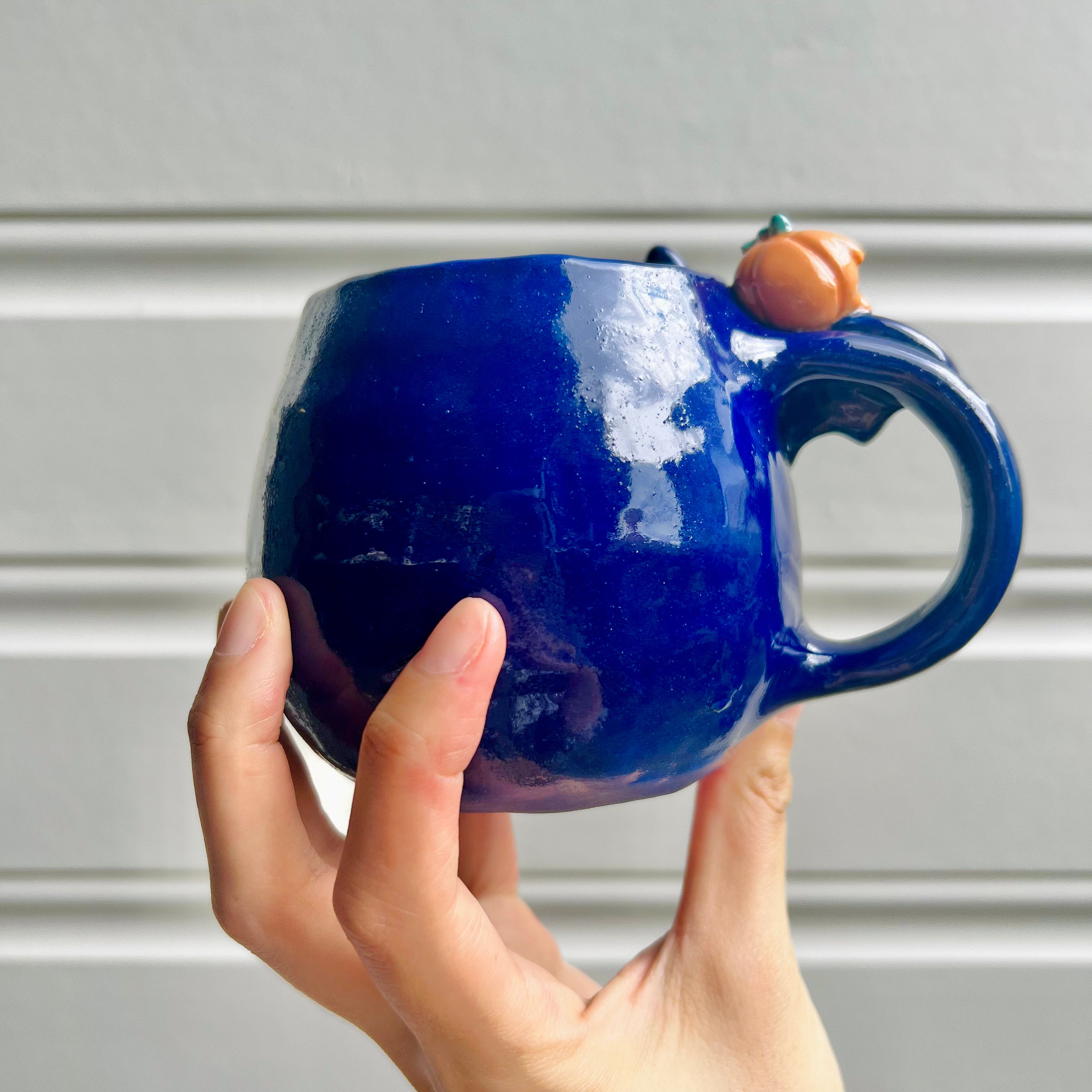 Halloween bat mug with pumpkin friend