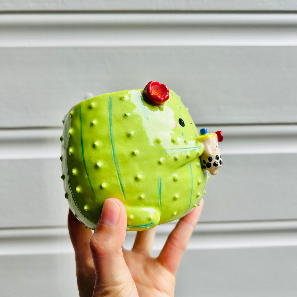 Flowery Cactus pot with bubble tea friend, photo 2 of 5