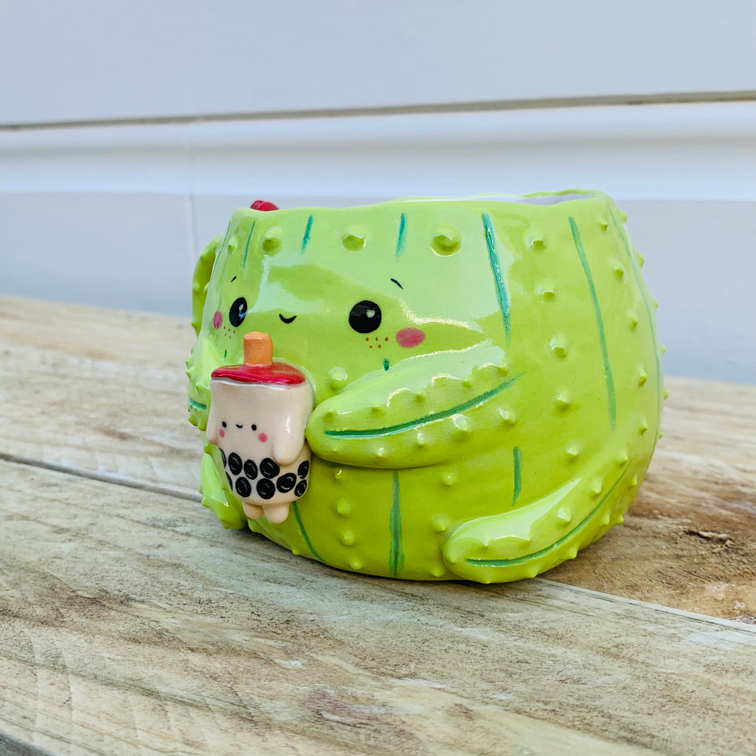 PRE ORDER: Light green flowery cactus with bubble tea friend