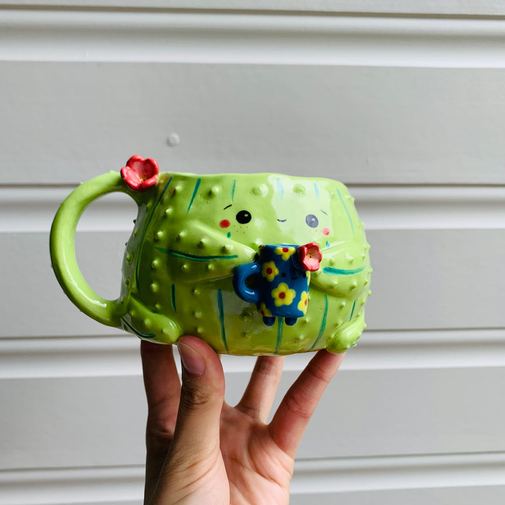 Light green CACTUS coffee pun mug with mug friend, photo 8 of 12