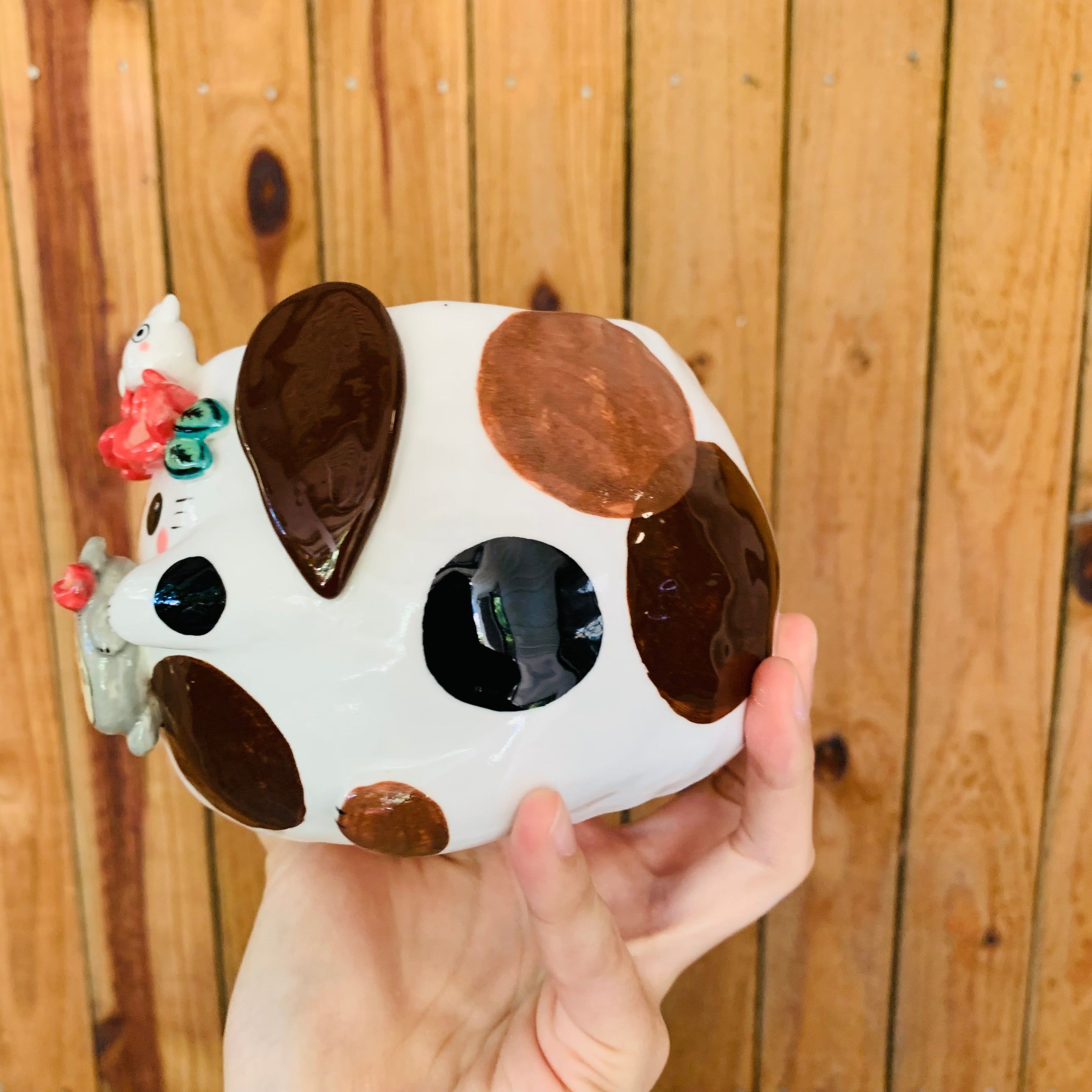 Spotty flower crown bunny pot with Totoro friends