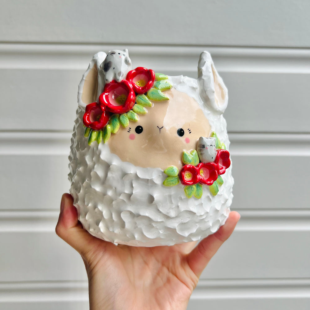 LARGE flowery llama pot with grey cat friends, photo 1 of 9