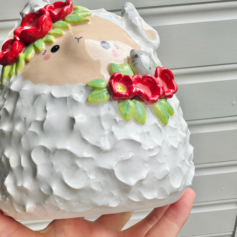 LARGE flowery llama pot with grey cat friends, photo 8 of 9