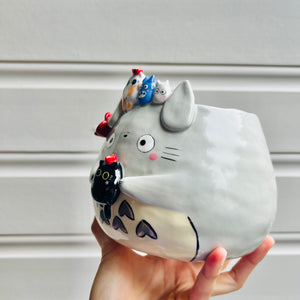 LARGE Totoro pot with black cat and Chibi Totoro friends