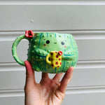 Dark green CACTUS coffee pun mug with mug friend