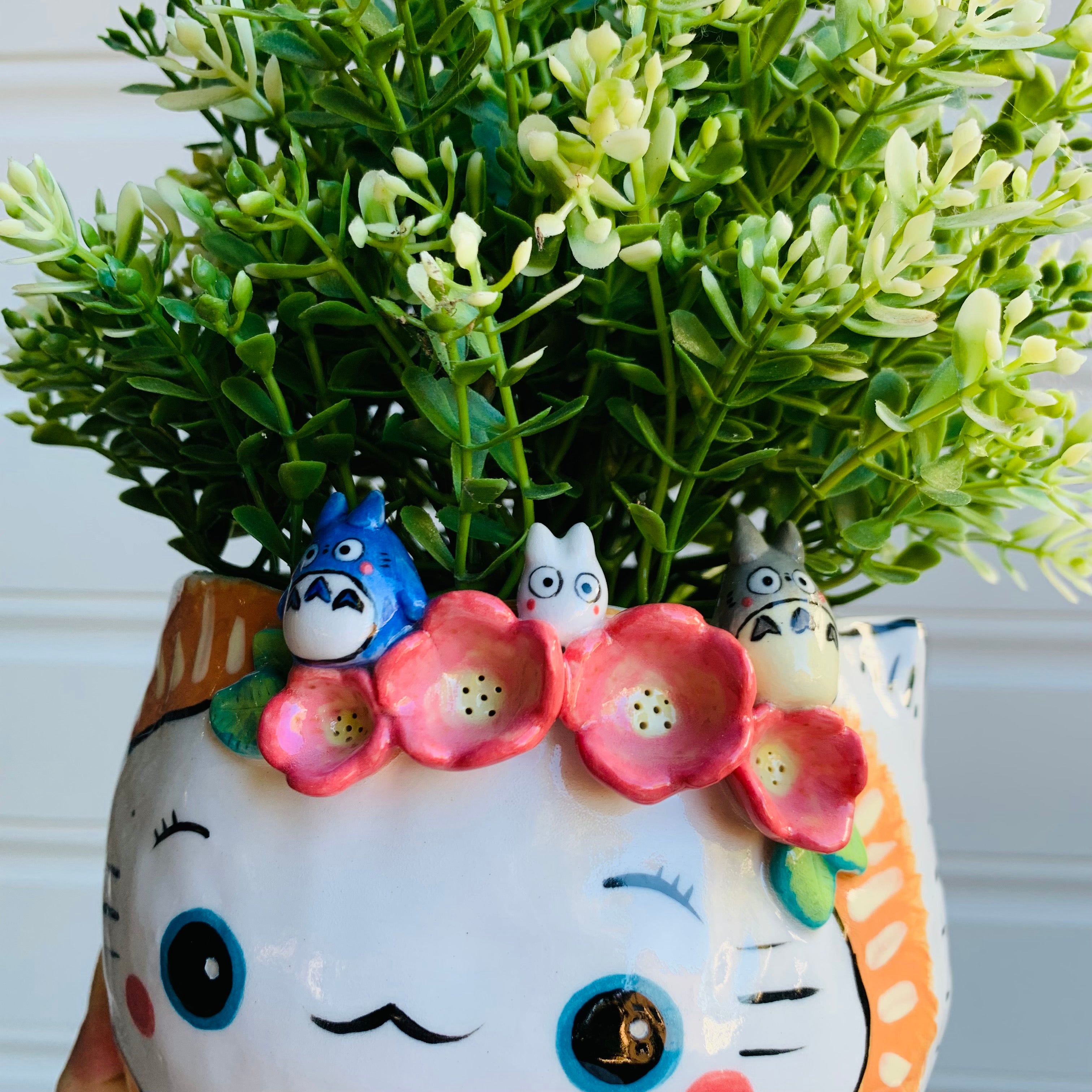 Flowery Ginger kitty head with Totoro friends