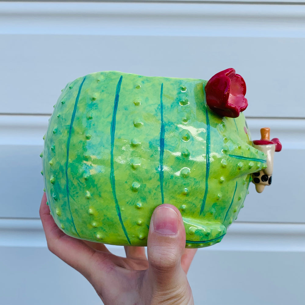 Dark green flowery cactus with bubble tea friend planter, photo 3 of 10