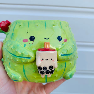 Dark green flowery cactus mug with bubble tea friend