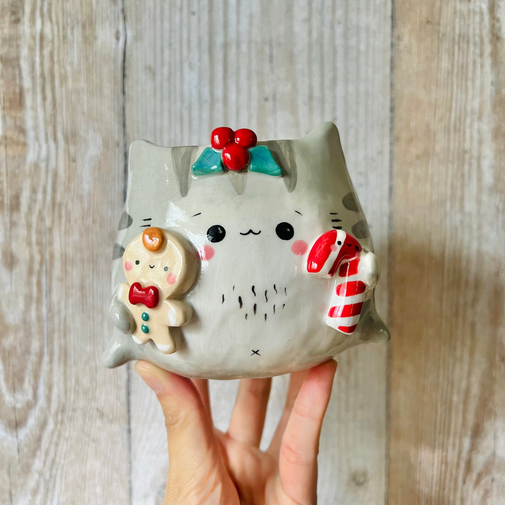 FESTIVE CAT POT with gingerbread man and candy cane friend